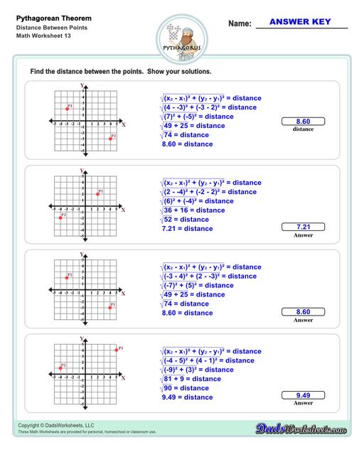 These Pythagorean Theorem worksheets require students to find the different sides of triangles using Pythagoras's theory establishing a relationship between the triangles proportions.  Pythagorean Theorem Distance Between Points V5
