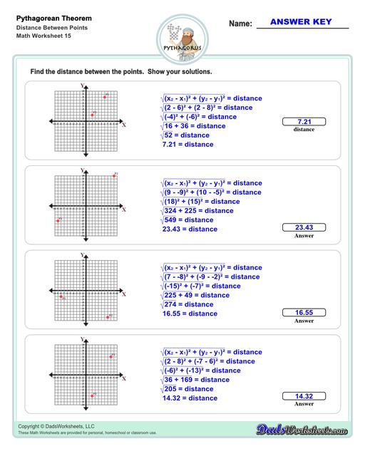 These Pythagorean Theorem worksheets require students to find the different sides of triangles using Pythagoras's theory establishing a relationship between the triangles proportions.  Pythagorean Theorem Distance Between Points V7
