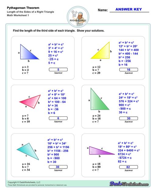 These Pythagorean Theorem worksheets require students to find the different sides of triangles using Pythagoras's theory establishing a relationship between the triangles proportions.  Pythagorean Theorem Length Of The Sides Of Right Triangle V1