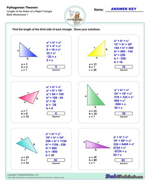 These Pythagorean Theorem worksheets require students to find the different sides of triangles using Pythagoras's theory establishing a relationship between the triangles proportions.  Pythagorean Theorem Length Of The Sides Of Right Triangle V1