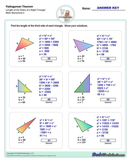 These Pythagorean Theorem worksheets require students to find the different sides of triangles using Pythagoras's theory establishing a relationship between the triangles proportions.  Pythagorean Theorem Length Of The Sides Of Right Triangle V2