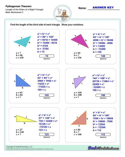 These Pythagorean Theorem worksheets require students to find the different sides of triangles using Pythagoras's theory establishing a relationship between the triangles proportions.  Pythagorean Theorem Length Of The Sides Of Right Triangle V3