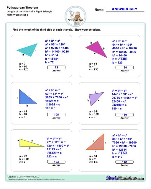 These Pythagorean Theorem worksheets require students to find the different sides of triangles using Pythagoras's theory establishing a relationship between the triangles proportions.  Pythagorean Theorem Length Of The Sides Of Right Triangle V3