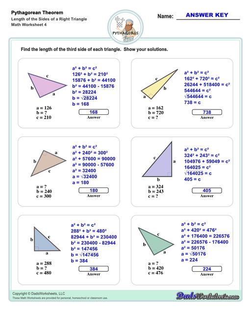These Pythagorean Theorem worksheets require students to find the different sides of triangles using Pythagoras's theory establishing a relationship between the triangles proportions.  Pythagorean Theorem Length Of The Sides Of Right Triangle V4