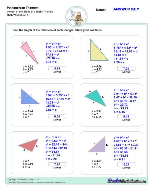 These Pythagorean Theorem worksheets require students to find the different sides of triangles using Pythagoras's theory establishing a relationship between the triangles proportions.  Pythagorean Theorem Length Of The Sides Of Right Triangle V5