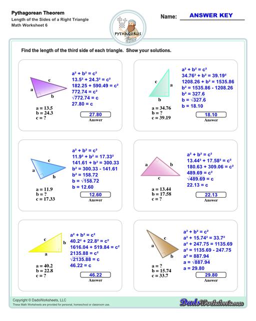 These Pythagorean Theorem worksheets require students to find the different sides of triangles using Pythagoras's theory establishing a relationship between the triangles proportions.  Pythagorean Theorem Length Of The Sides Of Right Triangle V6