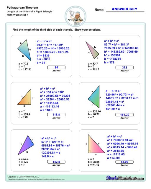 These Pythagorean Theorem worksheets require students to find the different sides of triangles using Pythagoras's theory establishing a relationship between the triangles proportions.  Pythagorean Theorem Length Of The Sides Of Right Triangle V7