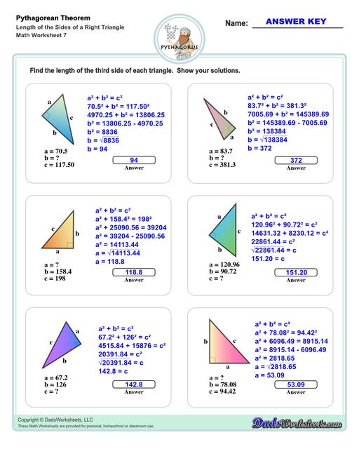 These Pythagorean Theorem worksheets require students to find the different sides of triangles using Pythagoras's theory establishing a relationship between the triangles proportions.  Pythagorean Theorem Length Of The Sides Of Right Triangle V7