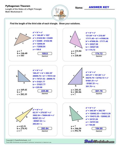 These Pythagorean Theorem worksheets require students to find the different sides of triangles using Pythagoras's theory establishing a relationship between the triangles proportions.  Pythagorean Theorem Length Of The Sides Of Right Triangle V8