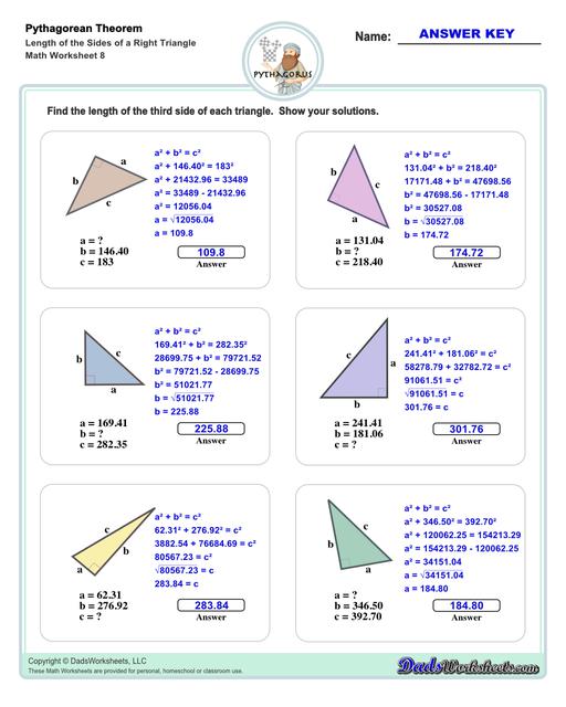 These Pythagorean Theorem worksheets require students to find the different sides of triangles using Pythagoras's theory establishing a relationship between the triangles proportions.  Pythagorean Theorem Length Of The Sides Of Right Triangle V8