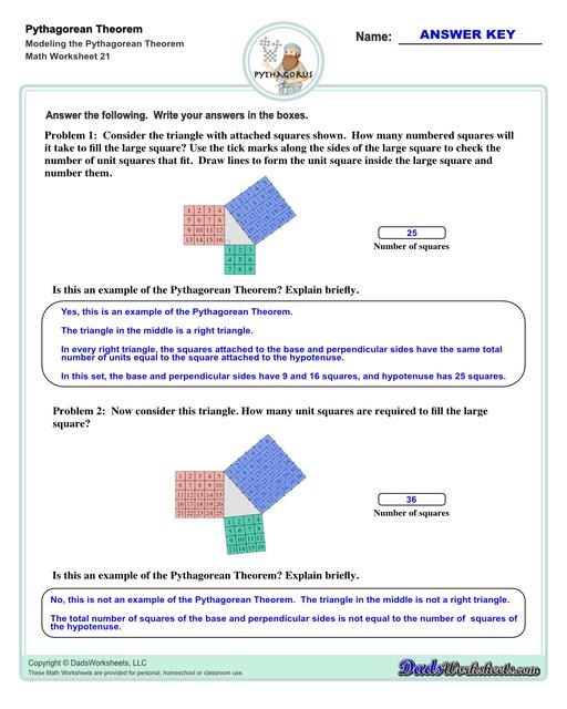 These Pythagorean Theorem worksheets require students to find the different sides of triangles using Pythagoras's theory establishing a relationship between the triangles proportions.  Pythagorean Theorem Modeling V1