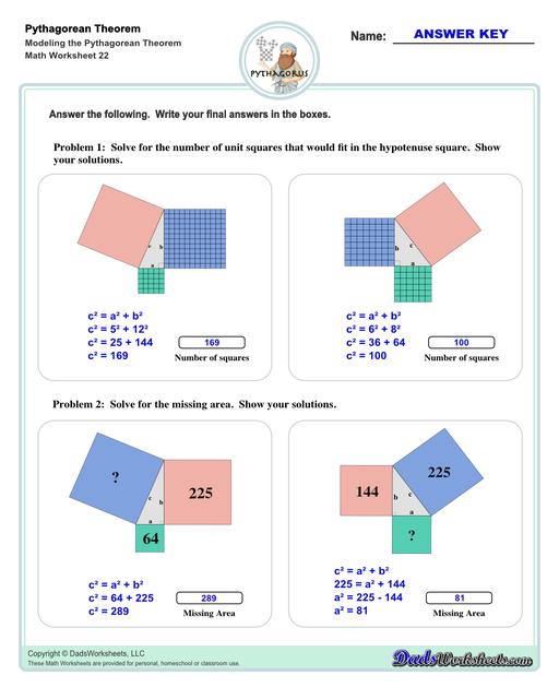 These Pythagorean Theorem worksheets require students to find the different sides of triangles using Pythagoras's theory establishing a relationship between the triangles proportions.  Pythagorean Theorem Modeling V2