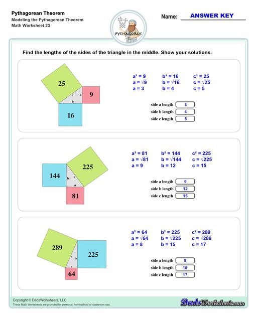 These Pythagorean Theorem worksheets require students to find the different sides of triangles using Pythagoras's theory establishing a relationship between the triangles proportions.  Pythagorean Theorem Modeling V3