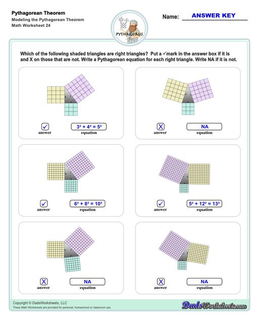 These Pythagorean Theorem worksheets require students to find the different sides of triangles using Pythagoras's theory establishing a relationship between the triangles proportions.  Pythagorean Theorem Modeling V4
