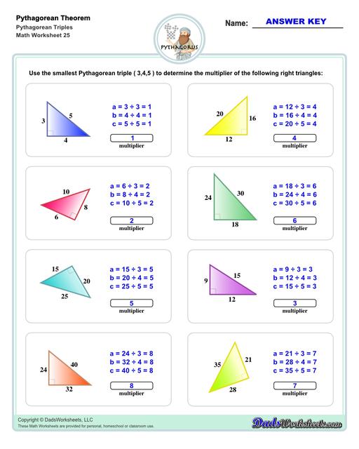 These Pythagorean Theorem worksheets require students to find the different sides of triangles using Pythagoras's theory establishing a relationship between the triangles proportions.  Pythagorean Theorem Triples V1