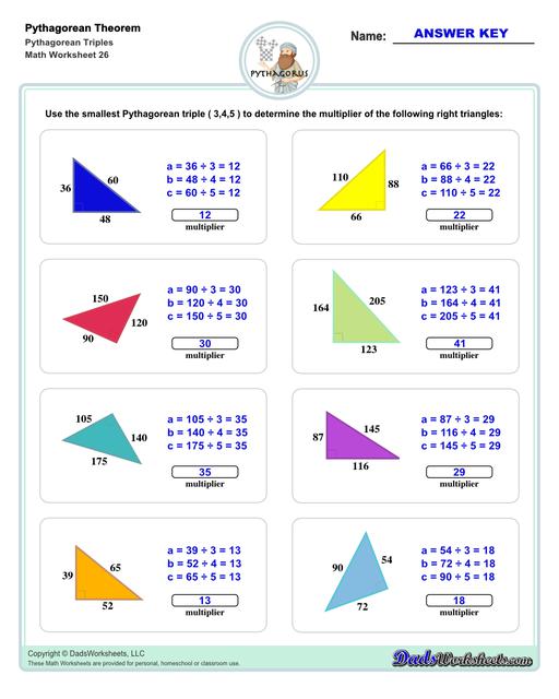 These Pythagorean Theorem worksheets require students to find the different sides of triangles using Pythagoras's theory establishing a relationship between the triangles proportions.  Pythagorean Theorem Triples V2