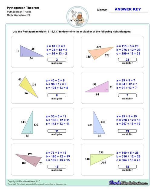 These Pythagorean Theorem worksheets require students to find the different sides of triangles using Pythagoras's theory establishing a relationship between the triangles proportions.  Pythagorean Theorem Triples V3