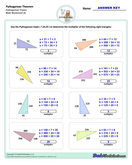 These Pythagorean Theorem worksheets require students to find the different sides of triangles using Pythagoras's theory establishing a relationship between the triangles proportions.  Pythagorean Theorem Triples V4