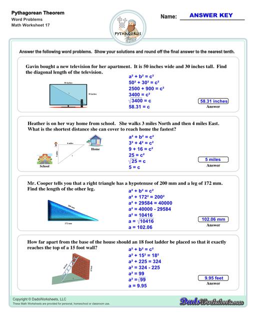 These Pythagorean Theorem worksheets require students to find the different sides of triangles using Pythagoras's theory establishing a relationship between the triangles proportions.  Pythagorean Theorem Word Problems V1
