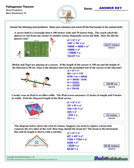 These Pythagorean Theorem worksheets require students to find the different sides of triangles using Pythagoras's theory establishing a relationship between the triangles proportions.  Pythagorean Theorem Word Problems V2