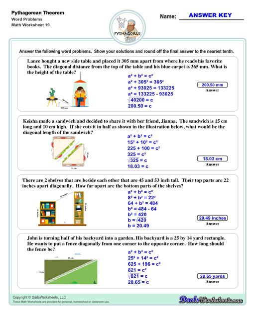 These Pythagorean Theorem worksheets require students to find the different sides of triangles using Pythagoras's theory establishing a relationship between the triangles proportions.  Pythagorean Theorem Word Problems V3