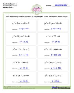 Quadratic Equations Worksheets