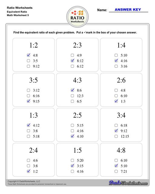 Ratio worksheets including relating visual quantities, ratio word problems, rate and ratio problems and finding equivalent ratios. These PDF worksheets are designed for 3rd through 6th grade students and include full answer keys.  Ratio Equivalent Ratio V1