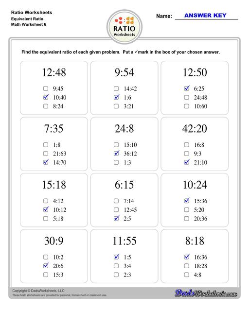 Ratio worksheets including relating visual quantities, ratio word problems, rate and ratio problems and finding equivalent ratios. These PDF worksheets are designed for 3rd through 6th grade students and include full answer keys.  Ratio Equivalent Ratio V2