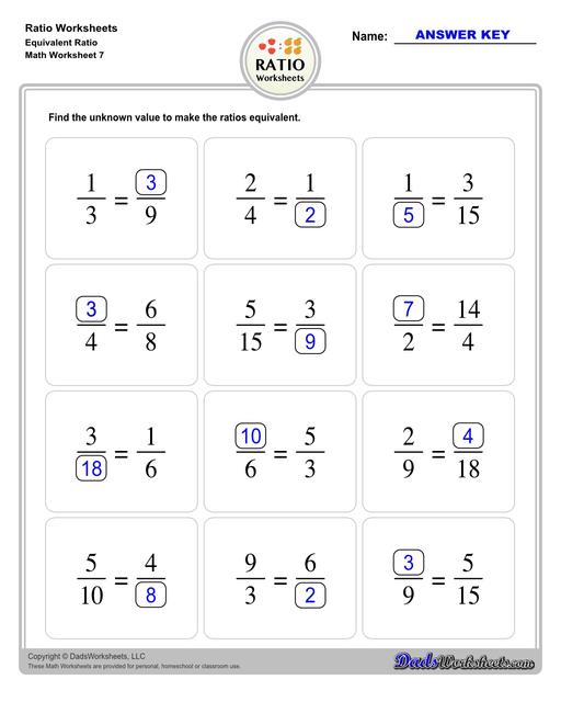 Ratio worksheets including relating visual quantities, ratio word problems, rate and ratio problems and finding equivalent ratios. These PDF worksheets are designed for 3rd through 6th grade students and include full answer keys.  Ratio Equivalent Ratio V3