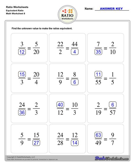 Ratio worksheets including relating visual quantities, ratio word problems, rate and ratio problems and finding equivalent ratios. These PDF worksheets are designed for 3rd through 6th grade students and include full answer keys.  Ratio Equivalent Ratio V4