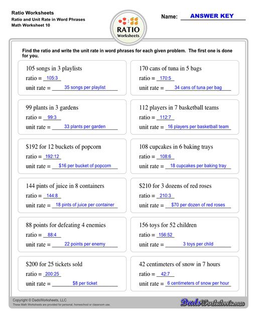 Ratio worksheets including relating visual quantities, ratio word problems, rate and ratio problems and finding equivalent ratios. These PDF worksheets are designed for 3rd through 6th grade students and include full answer keys.  Ratio Ratio And Unit Rate In Word Phrases V2