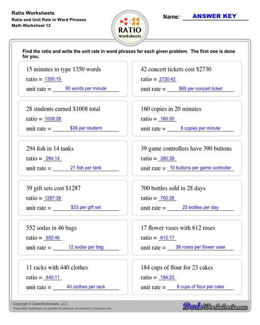 Ratio worksheets including relating visual quantities, ratio word problems, rate and ratio problems and finding equivalent ratios. These PDF worksheets are designed for 3rd through 6th grade students and include full answer keys.  Ratio Ratio And Unit Rate In Word Phrases V4