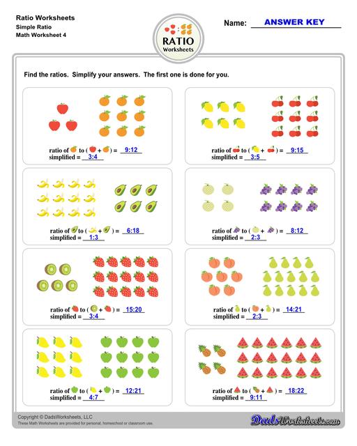 Ratio worksheets including relating visual quantities, ratio word problems, rate and ratio problems and finding equivalent ratios. These PDF worksheets are designed for 3rd through 6th grade students and include full answer keys.  Ratio Simple Ratio V4