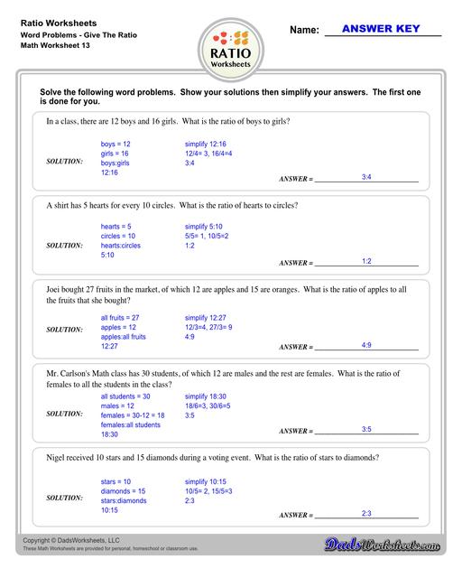 Ratio worksheets including relating visual quantities, ratio word problems, rate and ratio problems and finding equivalent ratios. These PDF worksheets are designed for 3rd through 6th grade students and include full answer keys.  Ratio Word Problems Give The Ratio V1