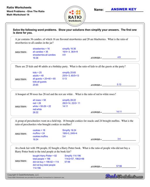 Ratio worksheets including relating visual quantities, ratio word problems, rate and ratio problems and finding equivalent ratios. These PDF worksheets are designed for 3rd through 6th grade students and include full answer keys.  Ratio Word Problems Give The Ratio V2