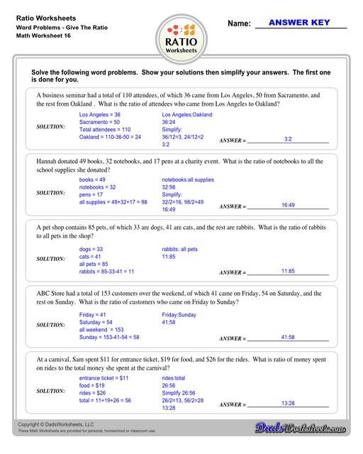 Ratio worksheets including relating visual quantities, ratio word problems, rate and ratio problems and finding equivalent ratios. These PDF worksheets are designed for 3rd through 6th grade students and include full answer keys.  Ratio Word Problems Give The Ratio V4