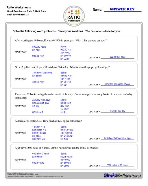 Ratio worksheets including relating visual quantities, ratio word problems, rate and ratio problems and finding equivalent ratios. These PDF worksheets are designed for 3rd through 6th grade students and include full answer keys.  Ratio Word Problems Rate And Unit Rate V1