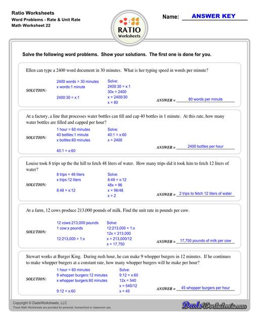 Ratio worksheets including relating visual quantities, ratio word problems, rate and ratio problems and finding equivalent ratios. These PDF worksheets are designed for 3rd through 6th grade students and include full answer keys.  Ratio Word Problems Rate And Unit Rate V2