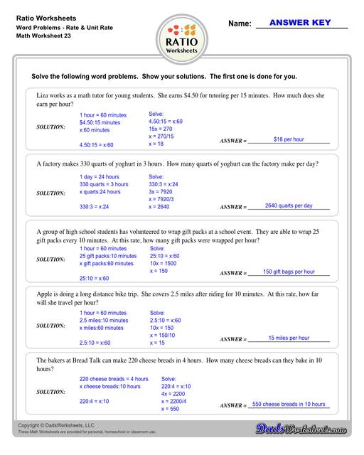 Ratio worksheets including relating visual quantities, ratio word problems, rate and ratio problems and finding equivalent ratios. These PDF worksheets are designed for 3rd through 6th grade students and include full answer keys.  Ratio Word Problems Rate And Unit Rate V3