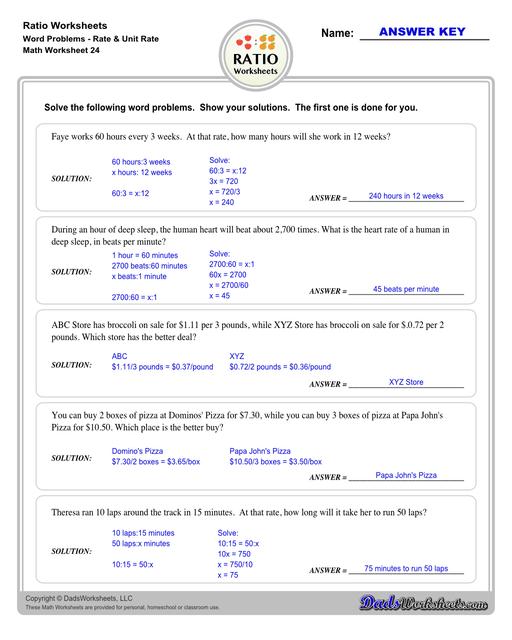Ratio worksheets including relating visual quantities, ratio word problems, rate and ratio problems and finding equivalent ratios. These PDF worksheets are designed for 3rd through 6th grade students and include full answer keys.  Ratio Word Problems Rate And Unit Rate V4
