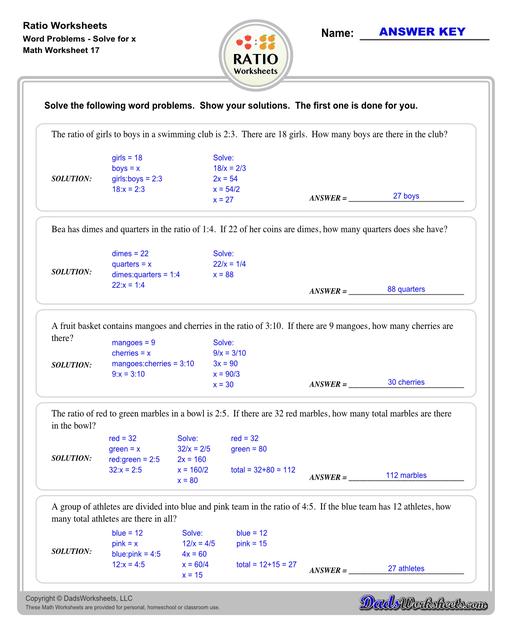Ratio worksheets including relating visual quantities, ratio word problems, rate and ratio problems and finding equivalent ratios. These PDF worksheets are designed for 3rd through 6th grade students and include full answer keys.  Ratio Word Problems Solve For X V1