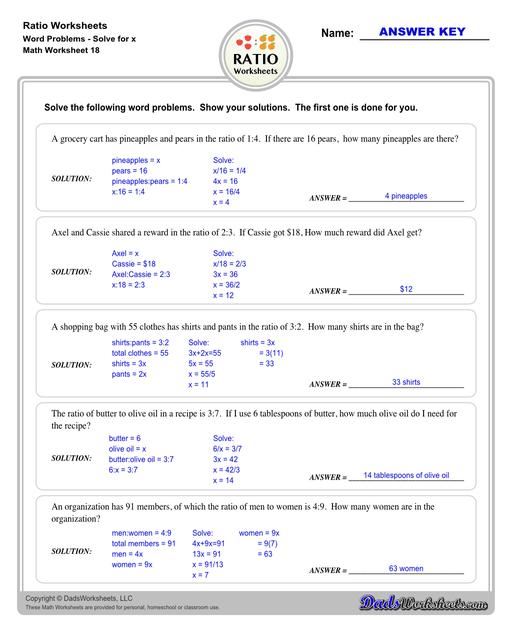 Ratio worksheets including relating visual quantities, ratio word problems, rate and ratio problems and finding equivalent ratios. These PDF worksheets are designed for 3rd through 6th grade students and include full answer keys.  Ratio Word Problems Solve For X V2