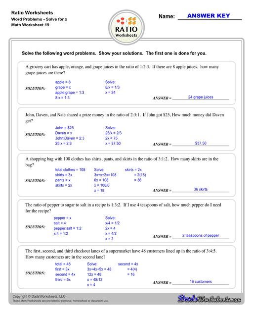 Ratio worksheets including relating visual quantities, ratio word problems, rate and ratio problems and finding equivalent ratios. These PDF worksheets are designed for 3rd through 6th grade students and include full answer keys.  Ratio Word Problems Solve For X V3
