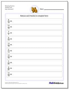 Printable reducing fractions worksheet with answer key