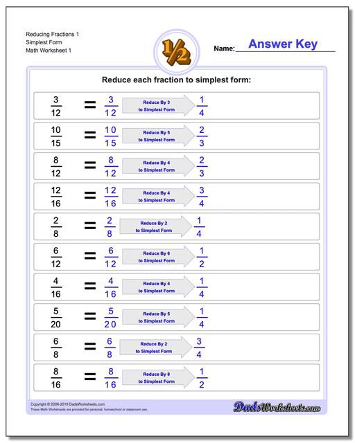 Simplify Proper Fractions Worksheets