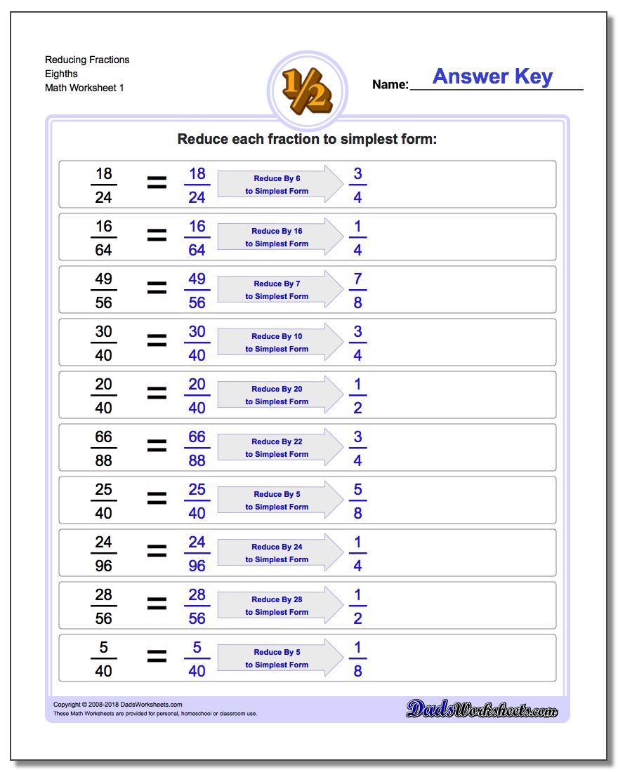 Reducing Fraction Worksheets Eighths