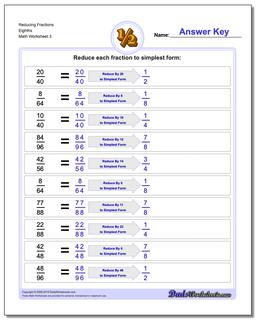 Reducing Fraction Worksheets Eighths