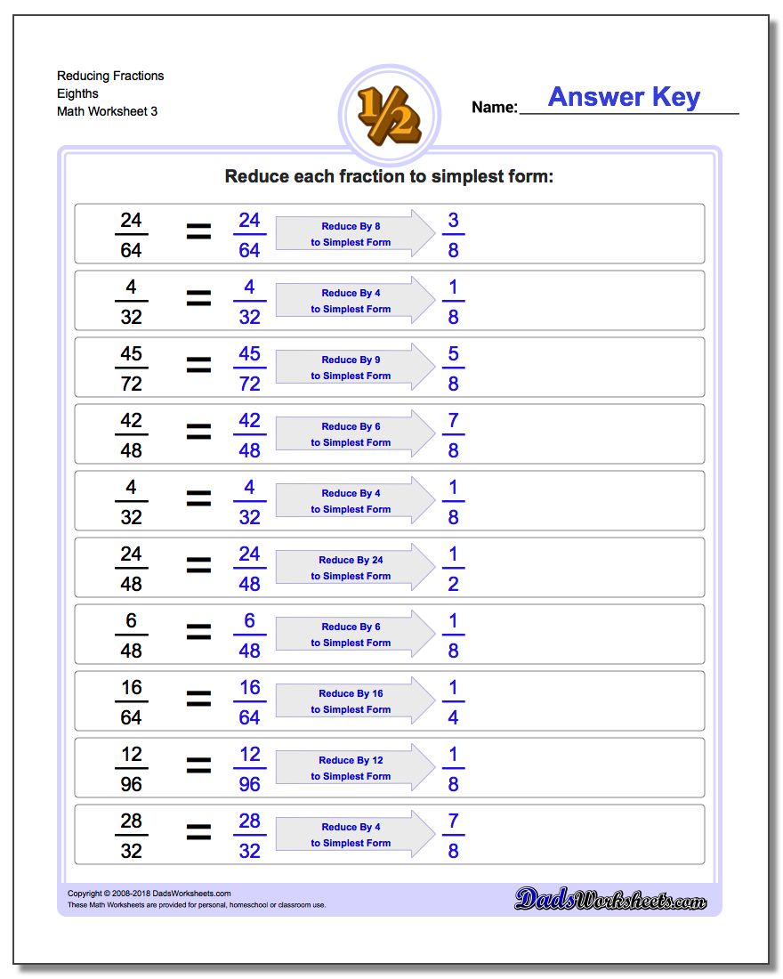 Reducing Fraction Worksheets Eighths
