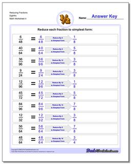 Reducing Fraction Worksheets Eighths