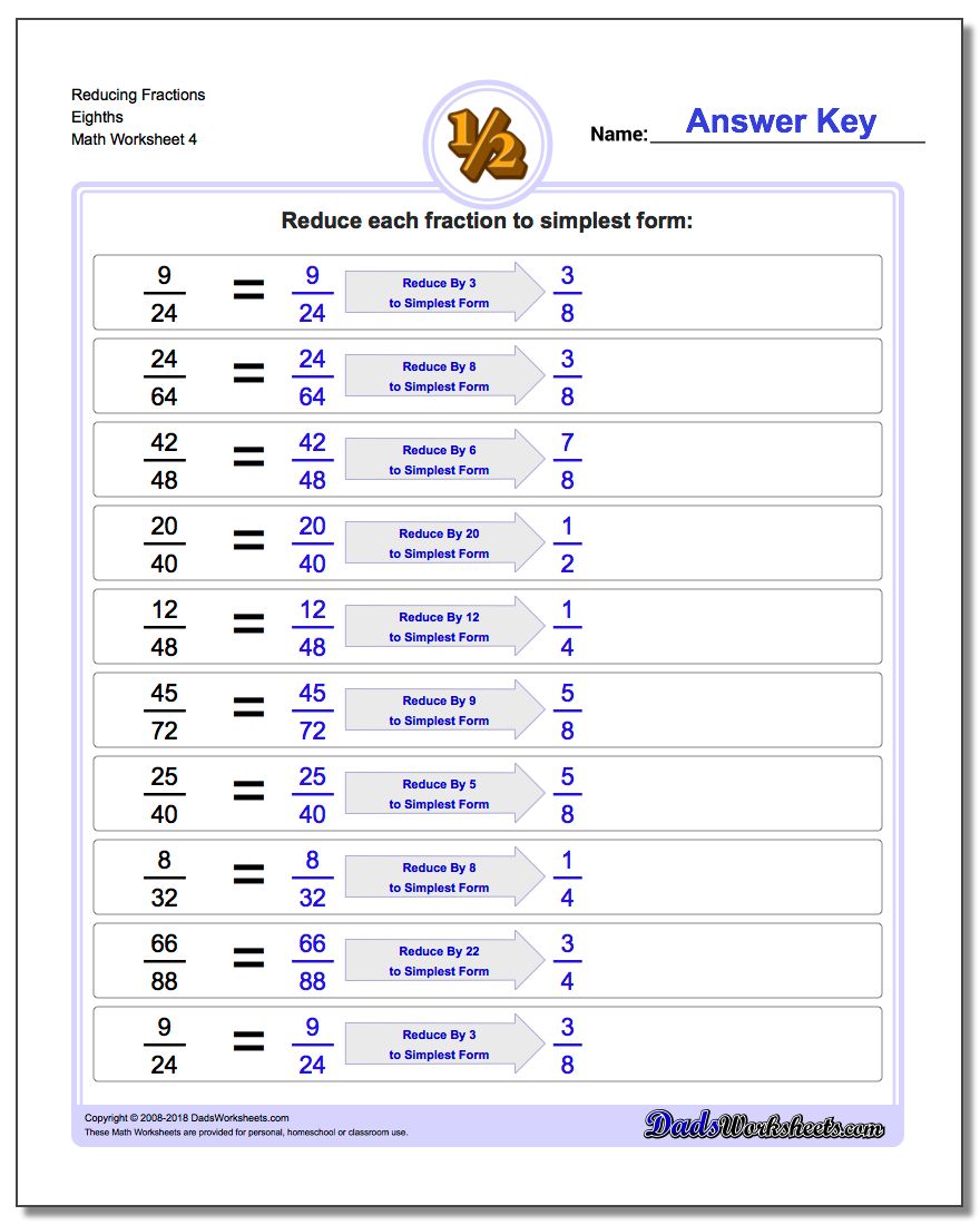 Reducing Fraction Worksheets Eighths